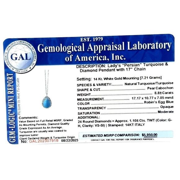 Persian Turquoise Diamond Pendant With Chain 17" 14k WG 9.9 TCW Certified 307918 - Picture 17 of 17